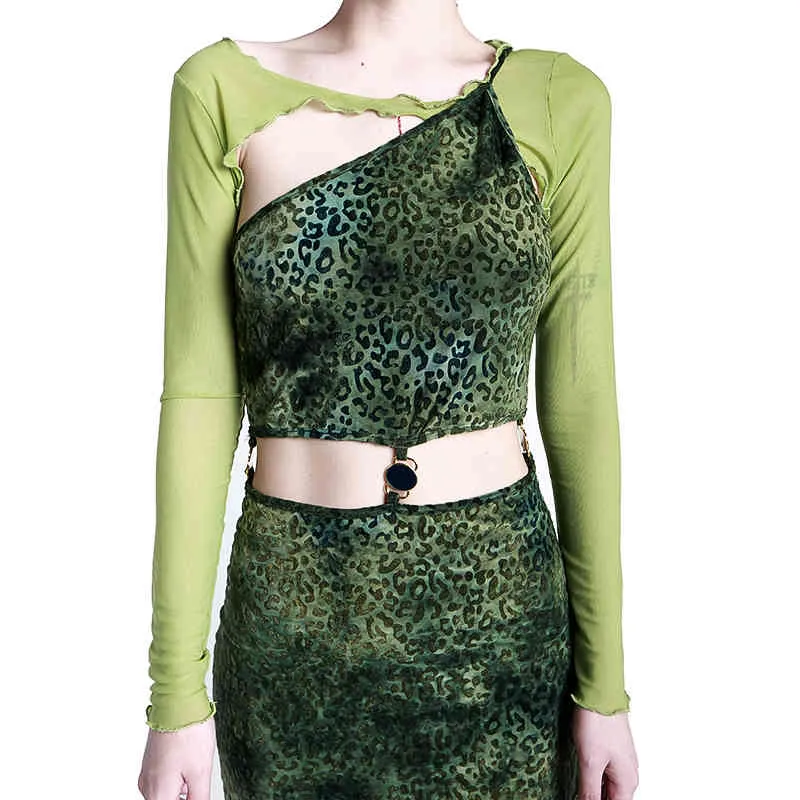 [Eam] Mulheres Green Spled Small Slim Oco Leopardo Vestido Slash Pescoço Manga Longa Loose Fit Moda Primavera Verão 1d7675 21512