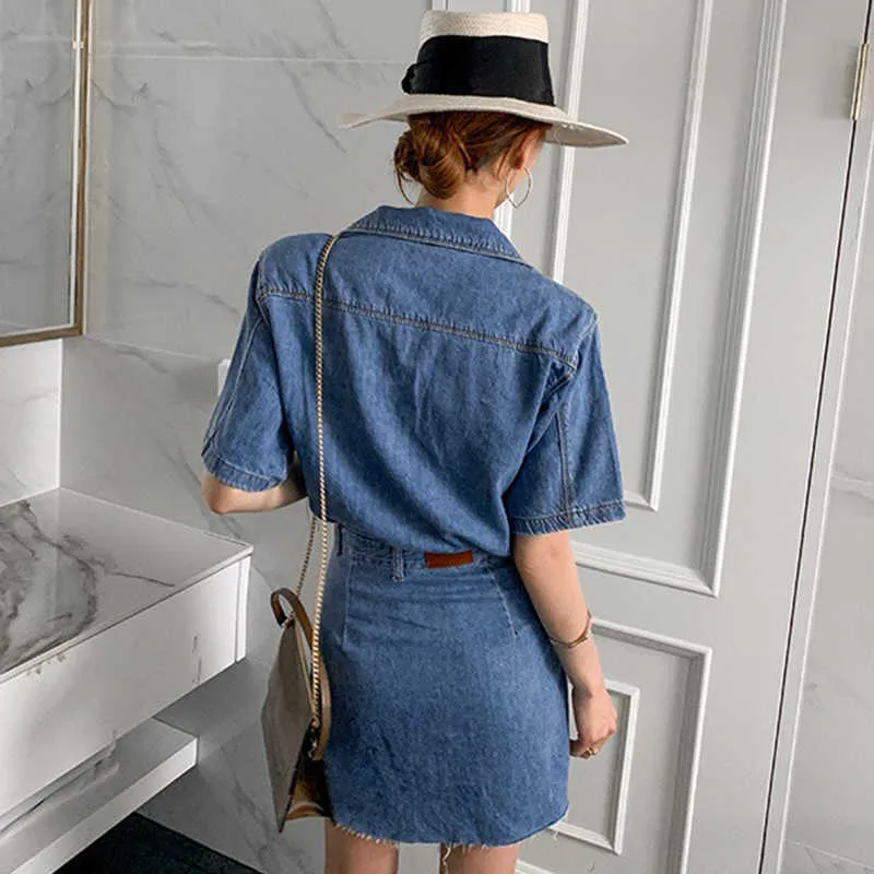 Korejpaa Women Dress Summer Korean Retro Temperament Lapel Single-Breasted Slim-Fit Multi-Pocket Short-Sleeve Denim Vestido 210526