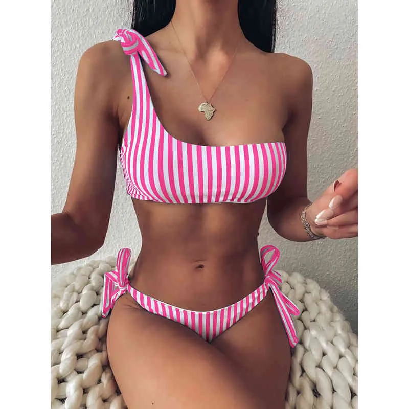 Bikini taille haute rayé simple bandoulière femme maillot de bain femmes maillots de bain deux pièces Bikini ensemble baigneur maillot de bain dame 210515