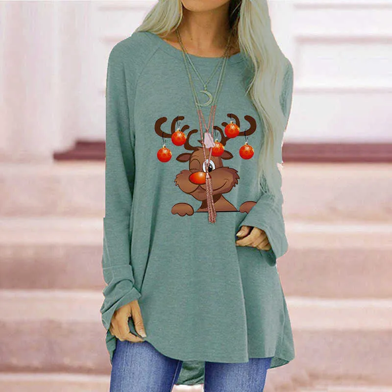 Plus Size S-3XL Cute Christmas Deer Print Women T-Shirt Casual Loose Long Sleeve Spring Autumn Ladies Tops W711 210526