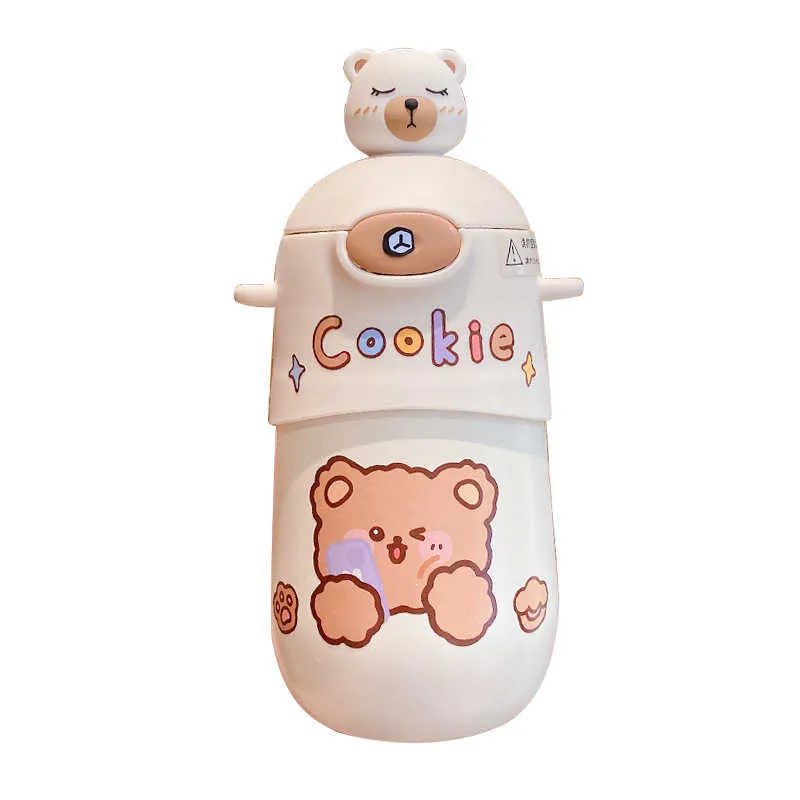 500 ML Kawaii Bear Thermos Bottle Cute Kids Straw Water Bottle Insulated Stainless Steel Student Girls Thermal Drink Bottles 21101266O