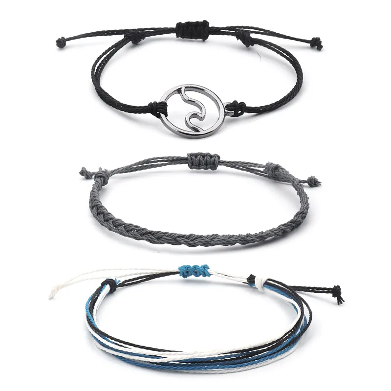 3 -delige set van Boheemse wax draad gevlochten armbandgolf oceaan armband handgemaakte armband voor vrouwen
