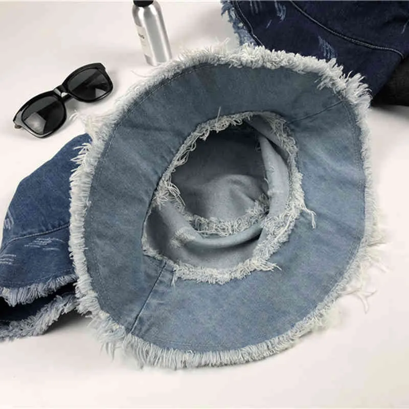 Лето-Осенняя мытая джинсовая шляпа от солнца Женская мода с кисточками Floppy Cap Женские пляжные панамы с широкими полями Женский хлопок складной 21032239j
