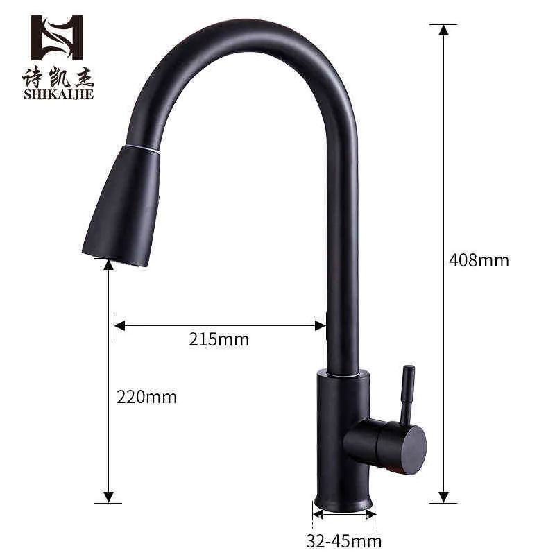 Kitchen Faucet Single Hole Pull Out Spout Sink Mixer Tap Stream Sprayer Head Stainless steel baking paint/Black Mixer Tap 211108