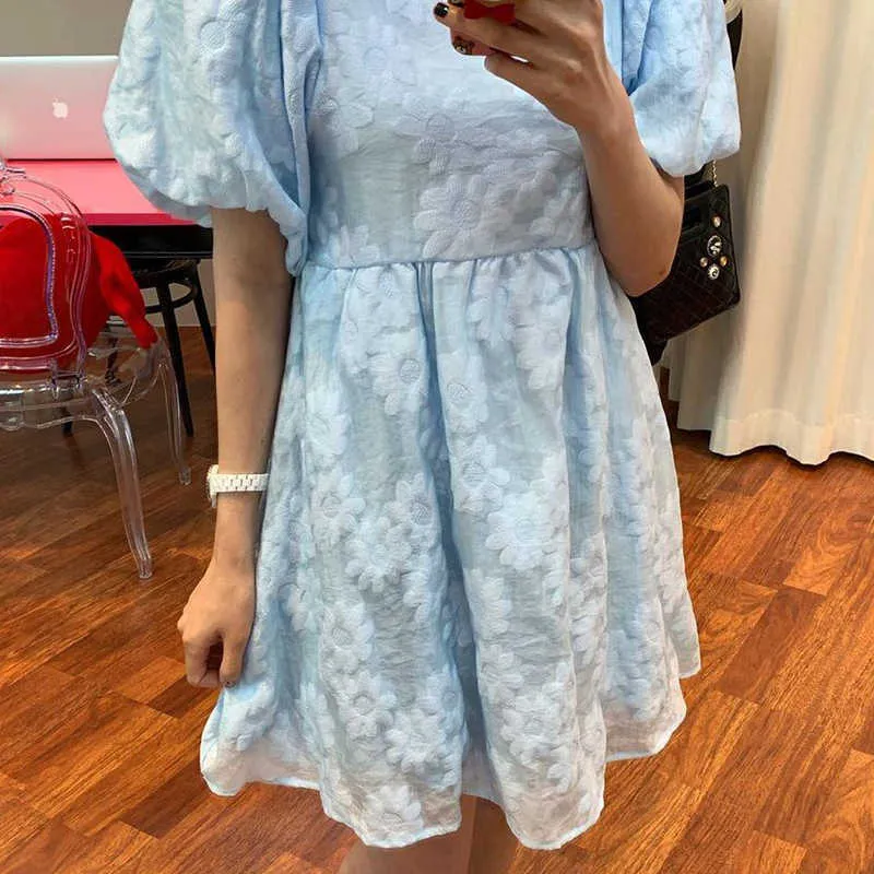 コレヒパアの女性のドレス夏の韓国のエレガントな正方形の襟の巨大なソリッドプリーツハイウエストルーズランタンスリーブドレス210526