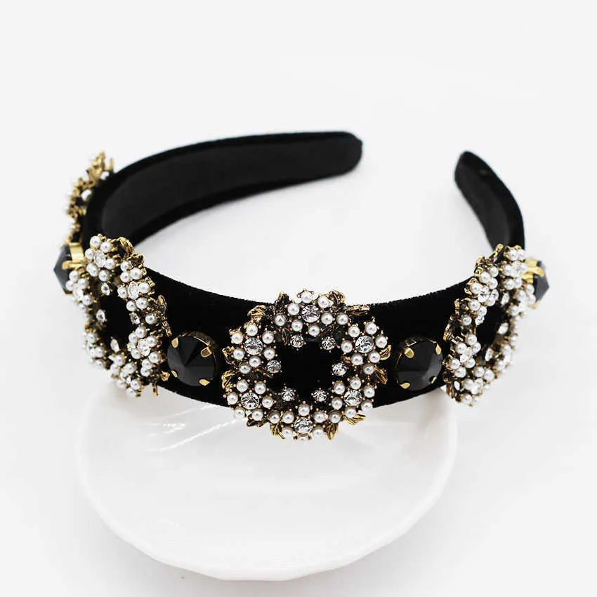 Diadema con personalidad de lujo salvaje negro de moda barroca nueva diadema barroca con círculo completo de perlas geometría retro accesorios para el cabello diadema X0722