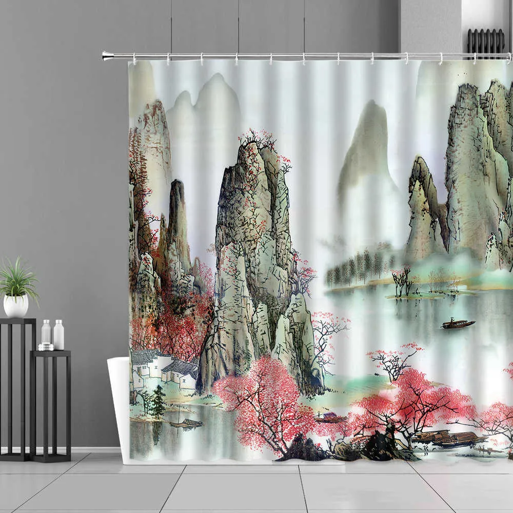 الحبر اللوحة الخيزران يترك الطيور دش الستائر مصنع المياه الجبلية المشهد للماء الستار الحمام الصيني ديكور المنزل 210915