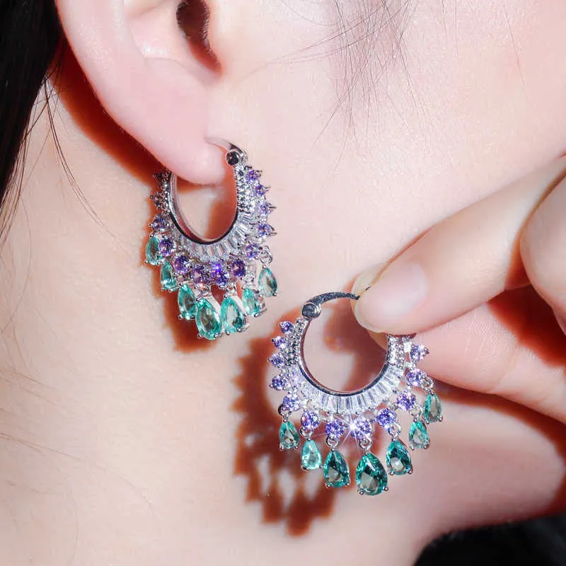 Elegant Purple Blue CZ Crystal Dangle Water Drop Tassel Hoop Earrings Fashion Bridal Wedding Boho Jewelry CZ741 210714