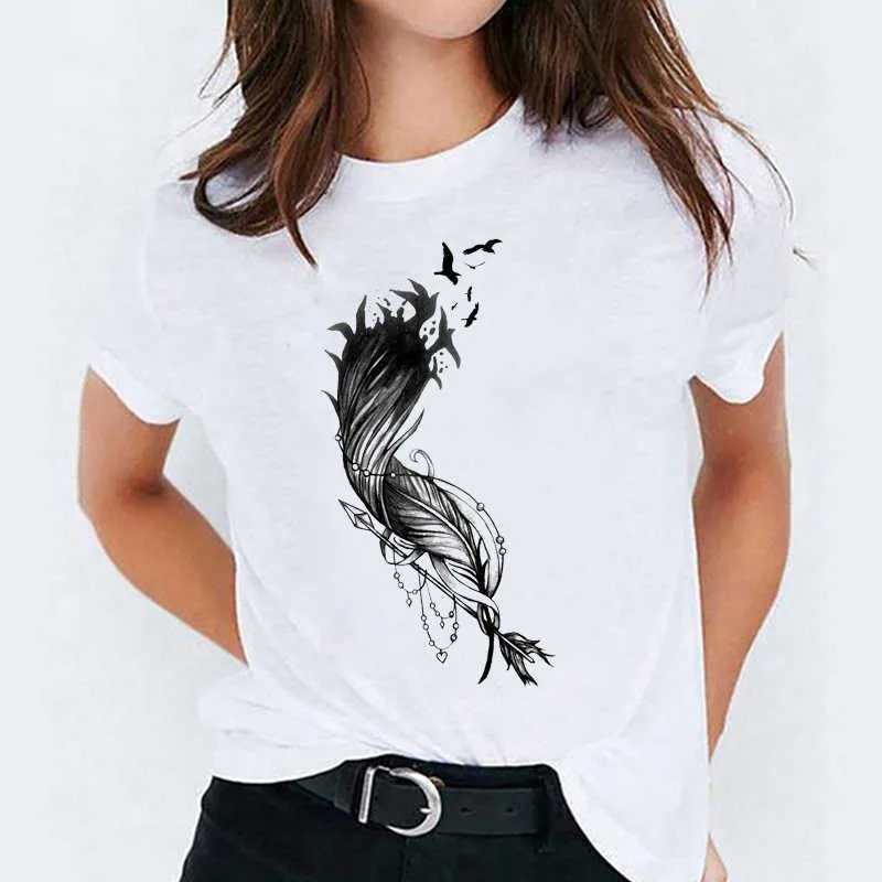 T - shirts Top para mulheres aquarela penas pássaro dos desenhos animados 90s casual impressão senhora mulheres gráfico t camisa senhoras t-shirt t-shirt x0628