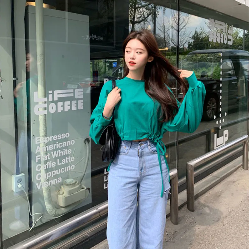 Women's Spring Autumn Tops Korean Solid Color Wild Round Neck Bat Sleeve Loose Casual Hem Drawstring Blouse Top LL416 210506