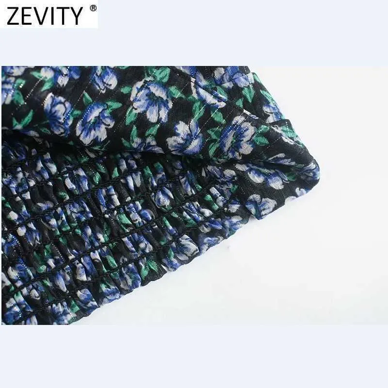 Zevity Women Sweet Cross V Neck Print Short Blouse Casual Puff Sleeve Hem Elastic Chiffon Shirts Chic Female Blusas Tops LS7323 210603