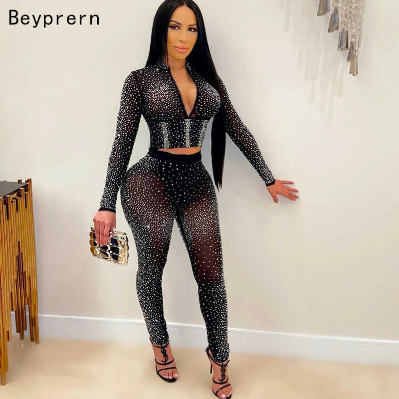Beyprern Sparkle Crystal Pants Set Zwart Autumn See Through Studded Crop Top and Legging Party Club Draagt ​​210930