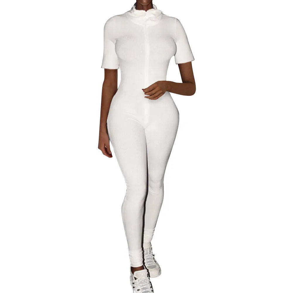 Été Femmes Sexy Serré Fermeture À Glissière À Manches Courtes Couleur Unie Blanc Col Rond Slim Combinaison Combinaison Femme 210517