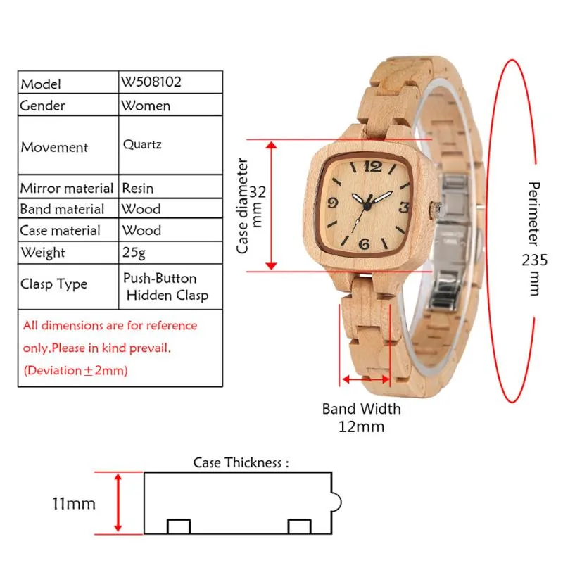 Pure Maple Wood Women's Watch Fashion Square Dial Elegant Wood Bangle For Lady Hidden Clasp Reloj Femenino armbandsur265e