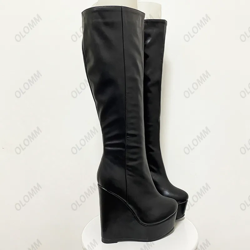 Olomm New Arrival Women Winter Platform Knee Boots Side Zipper Wedges Heels Round Toe Black Casual Shoes Women Plus US Size 5-20