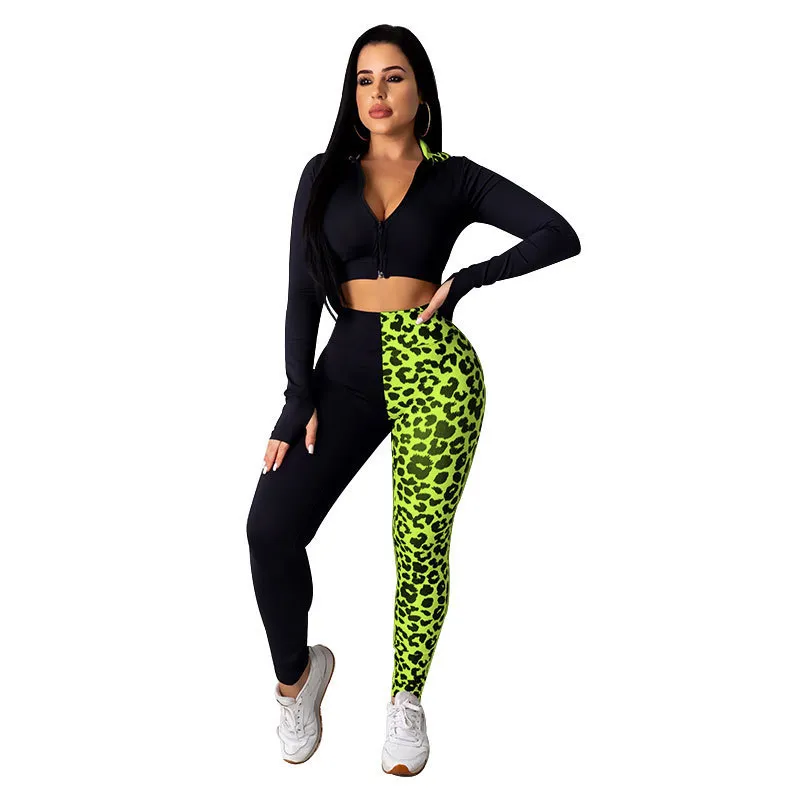 Sporty Leopard Patchwork Women Clothing Set Hooded Tops Stacked Joggers Pants Sweat Suit Tracksuit Two Piece Fitness Outfit 210525