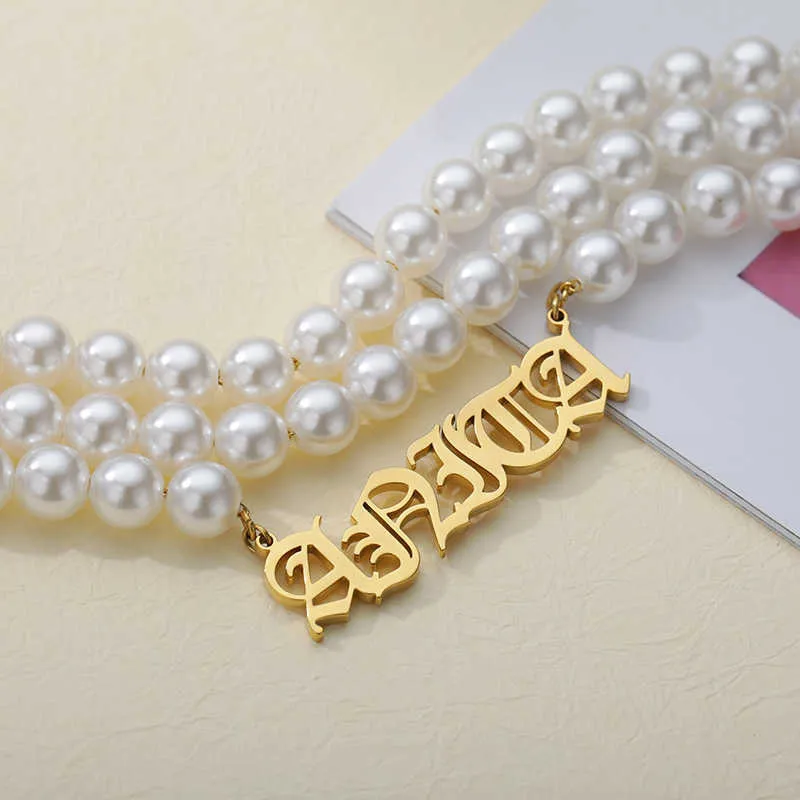 Perla de imitación personalizada para mujer y niña, cadena curva dorada de acero inoxidable, collar con nombre femenino, joyería gótica, regalo 2021