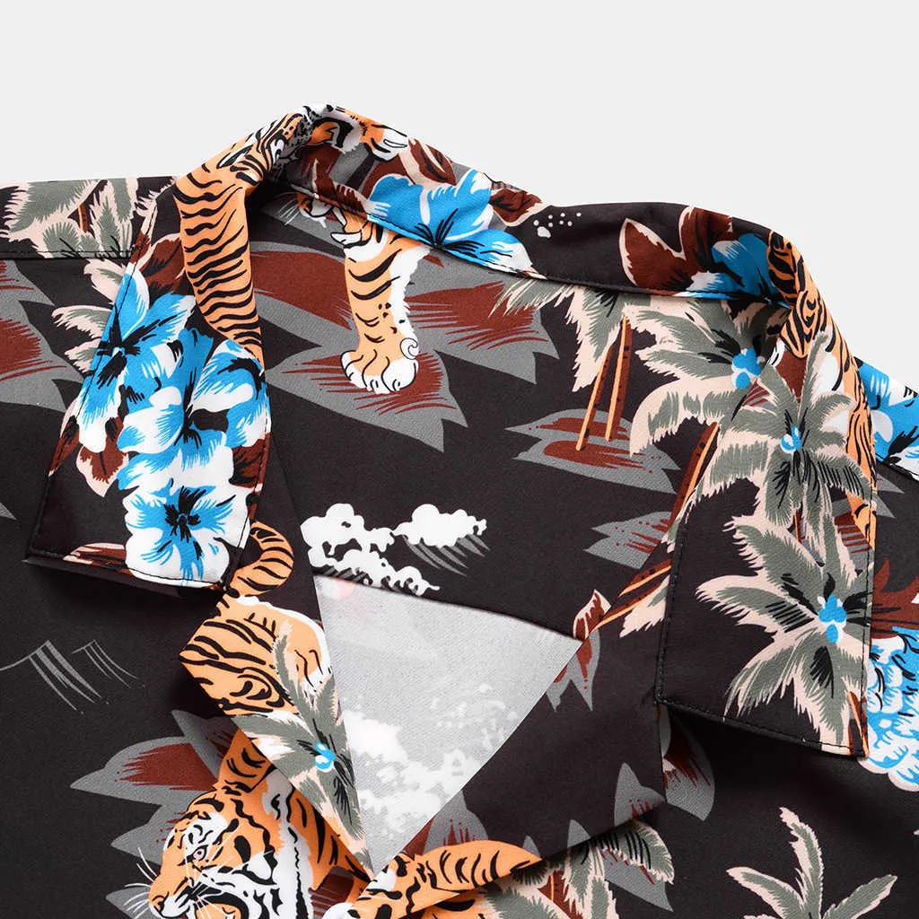 Mens Hawaiian Flower Tiger Printed Shirt Fashion Top Designer Men Casual Breathable Short Sleeve Shirts 210527