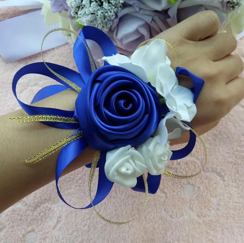Fait à la main es Mariée Mariage Poignet Corsage Demoiselles d'honneur Soeur Main Fleurs Blanc Bleu Argent Décoration Couronne Décorative 3071