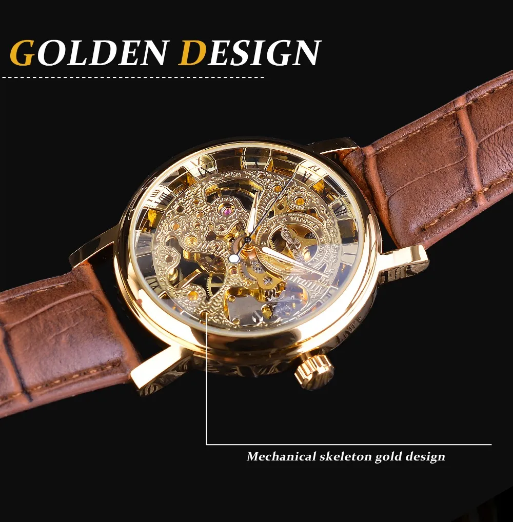 Montres pour hommes, boîtier doré Transparent, Design décontracté de luxe, bracelet en cuir marron, squelette mécanique 271R