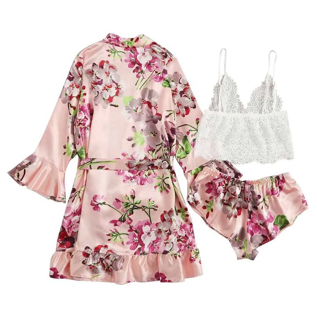 Sexy Sleepwear Lingerie Mulheres Pijamas Dormir Tops Silk Robe Lace Underwear Sleepwear Calças Set Q0706