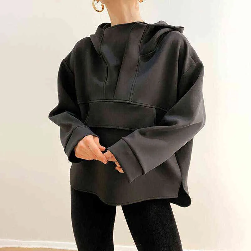 Instahot Moda Kobiety Bluzy Oversize Asymetryczne Hem Solidna Czarna Biała Jesień Bluza Luźna Streetwear Pullover Topy Y1118