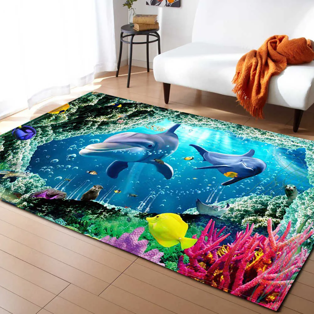3D水中ワールドパターンリビングルームのコーヒーテーブル装飾滑り止めの大きいカーペットベッド畳のマット子供の210626