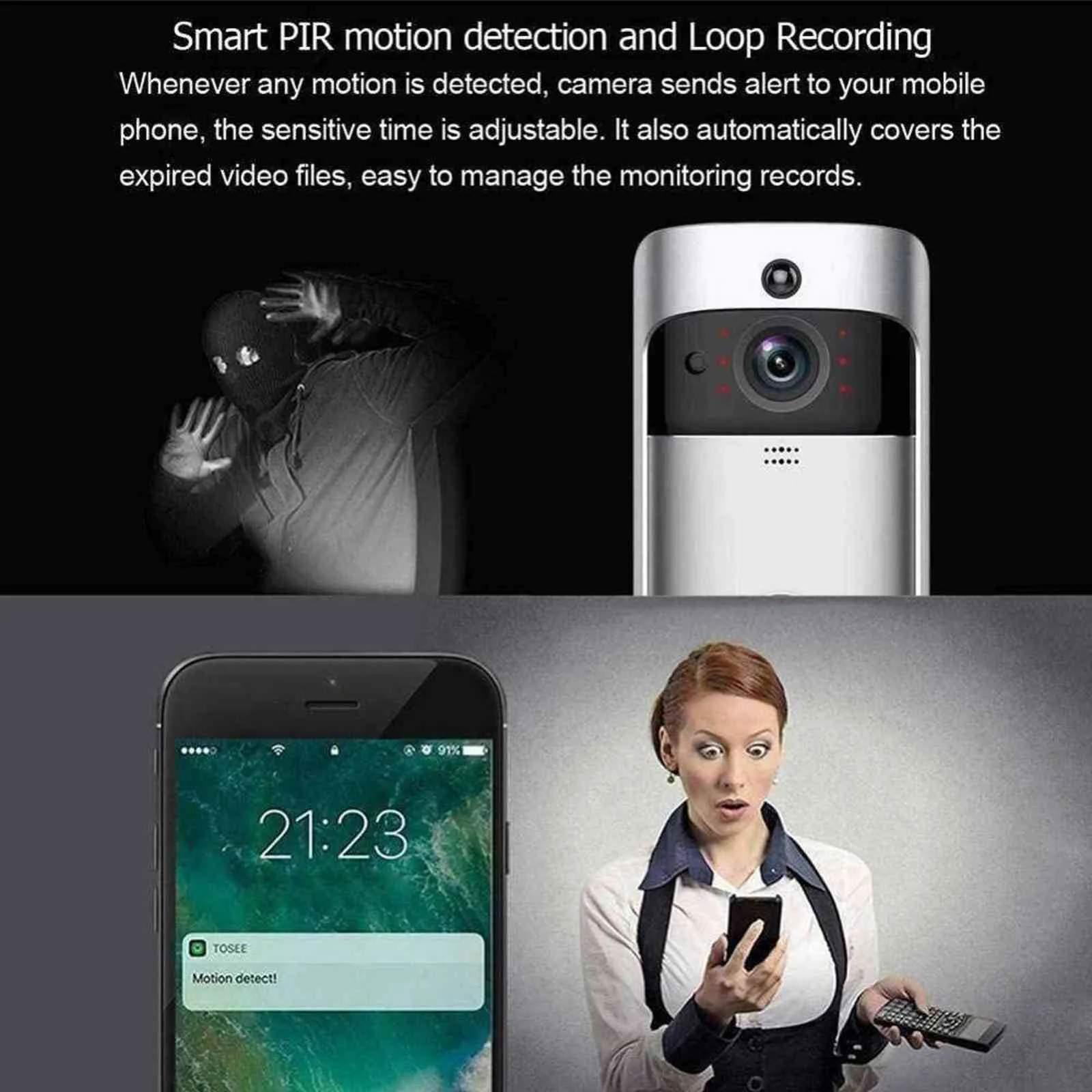 Caméra de sonnette vidéo sans fil WiFi avec carillon Smart Security Night Vision PIR Phone Intercom Door bell Ring Kit Alarme pour la maison H1111