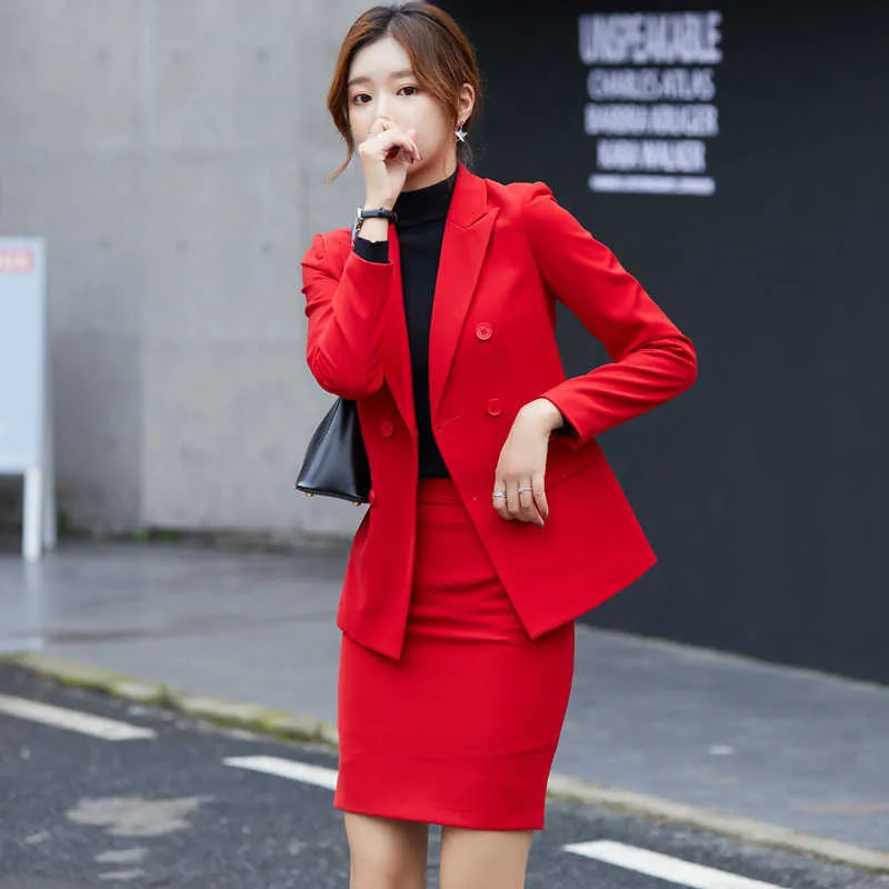 Haute qualité professionnelle femmes costumes jupe ensemble automne mince à manches longues rouge veste femme décontracté bureau pantalon 210527