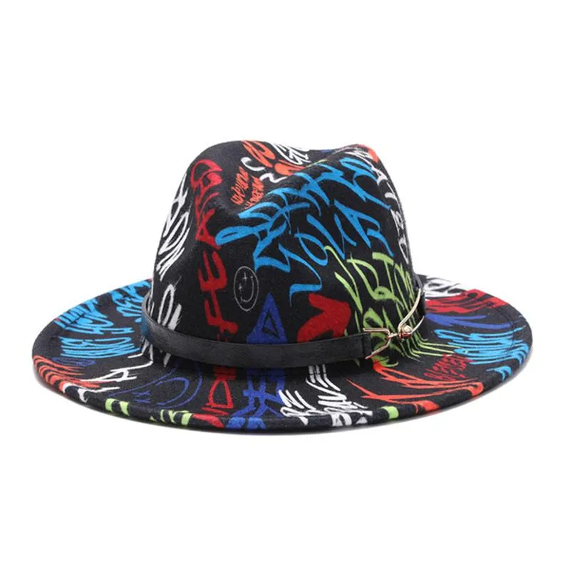 Шляпы с широкими полями, красочная шляпа-федора с принтом, весенне-осенняя яркая цветная шерстяная джазовая шляпа для мужчин и женщин, фетровая шерстяная Панама277s