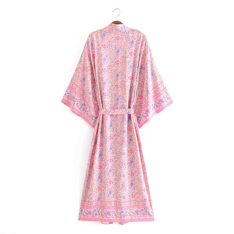 Belleza Moda Estilo de playa Estampado floral suelto largo kimono mujeres boho con cuello en v fajas vestidos de verano para mujer 210514