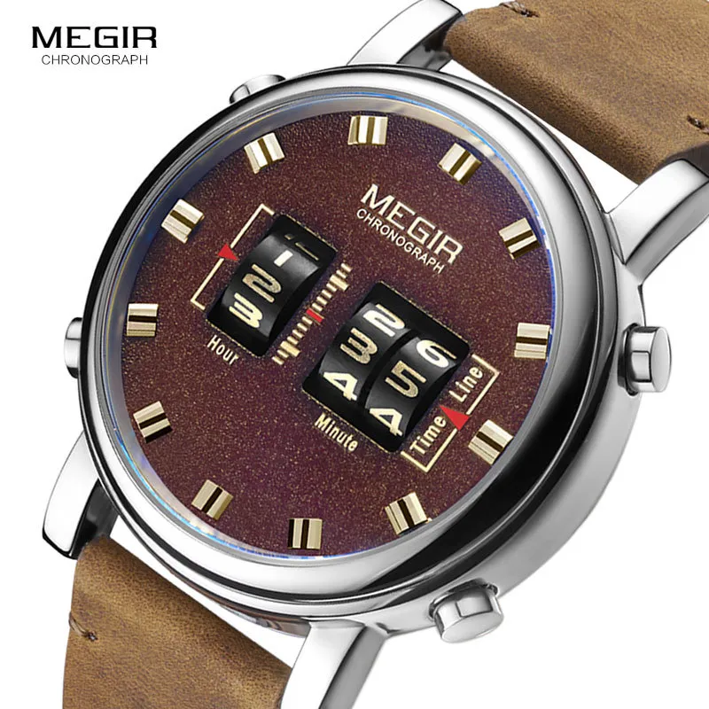 Megir New Top Band Watches Men Military Sport Brown Leather Quartz Wrist Watch Luxury Drum Roller Relogio Masculino 2137 2103292375