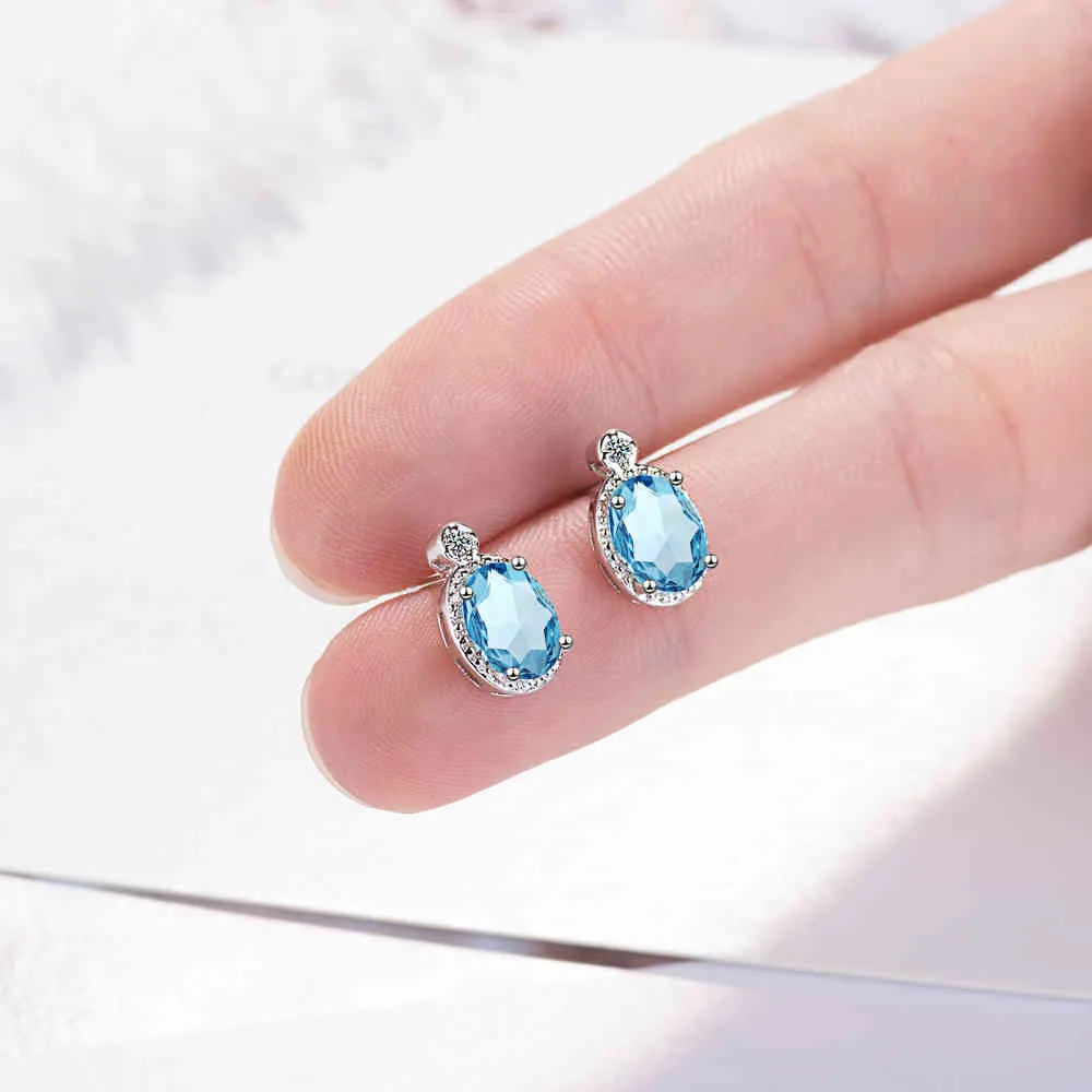 Pendientes ovalados de Topacio azul cielo Natural de 1,8 quilates con piedra natal, joyería fina de Plata de Ley 925 auténtica para mujer