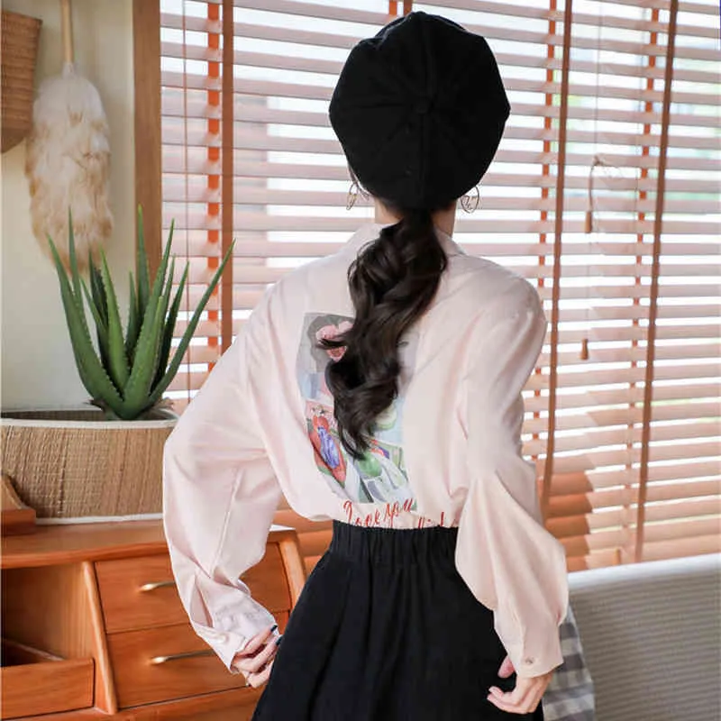 Primavera Otoño Camisa con cuello vuelto Diseño de manga larga Retro Hong Kong Sabor Pintura al óleo Blusa estampada ML769 210506