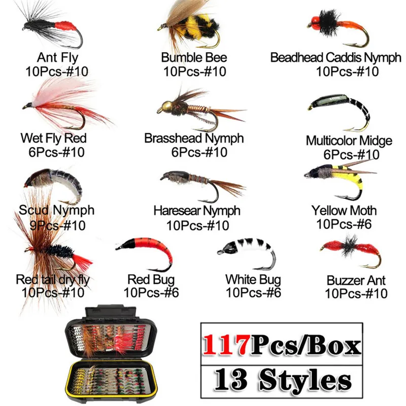 24-Fly Fishing Flies Assortment Waterproof Box Dry/Wet Nymphs Streamer Trout Bass Lure 220221