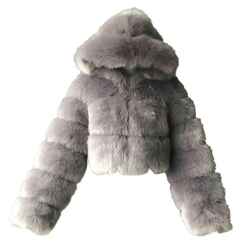 Casacos e jaquetas sintéticos curtos curtos peludos de alta qualidade Feminino Casaco fofo com jaqueta de inverno com capuz Feminino #T2G 211220