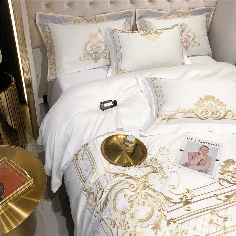 Queen Super King Size Juego de ropa de cama Blanco Algodón egipcio Bordado de oro Funda nórdica Sábana Sábana ajustada Parrure de Lit Ropa 210721