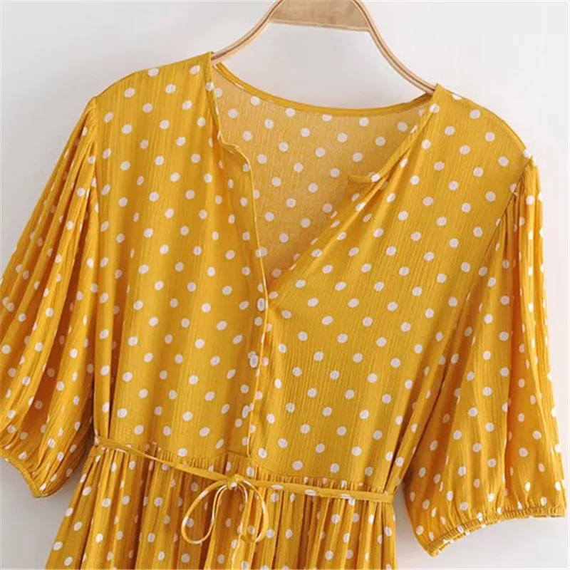 Casual Woman Yellow Loose Ruffles Sashes Dot Long Dress Spring Fashion Ladies Soft V Neck es Female Sweet 210515