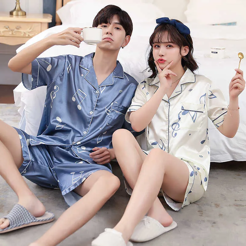 Young Lover Pajamas Fake Silk Women Short-sleeved Summer Pyjama Loose Home Men Couple Pijama Set Soft Sleepwear Top+ Pant 210809