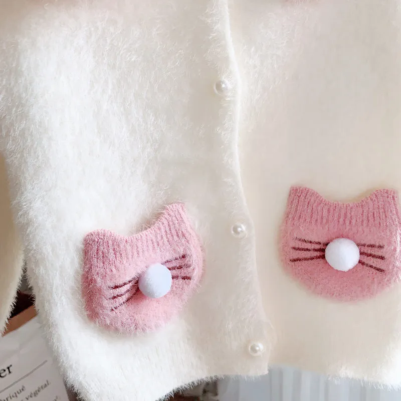 Flickor Set Höst Vintertröja Kid kläder Koreanska Kanin Ear Knitwear Pocket Doll Collar Top + Kjol Baby 210515