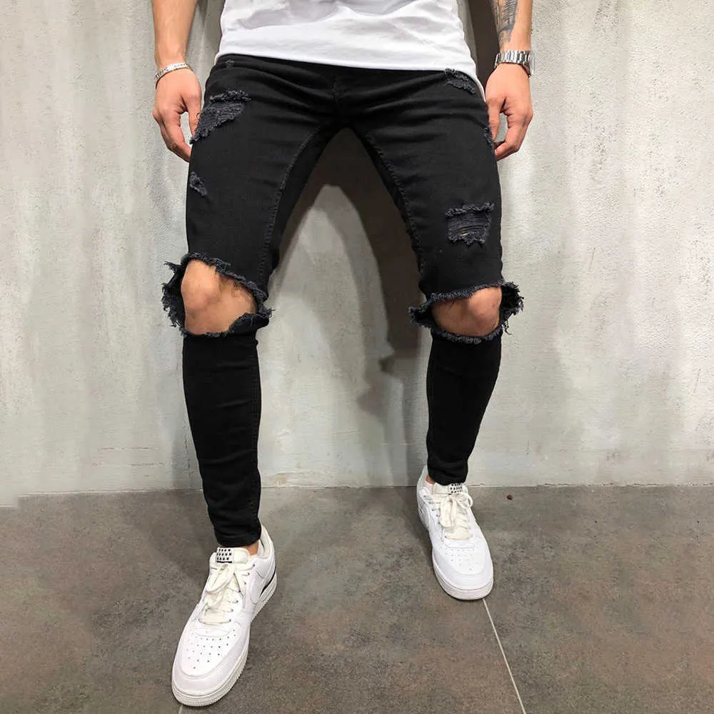 High Streetwear Men Knee with Holes Decor Black Jeans with Zipper Slim Fit Elasticity Skinny Ripped Pants Forward Men's Jeans X0621