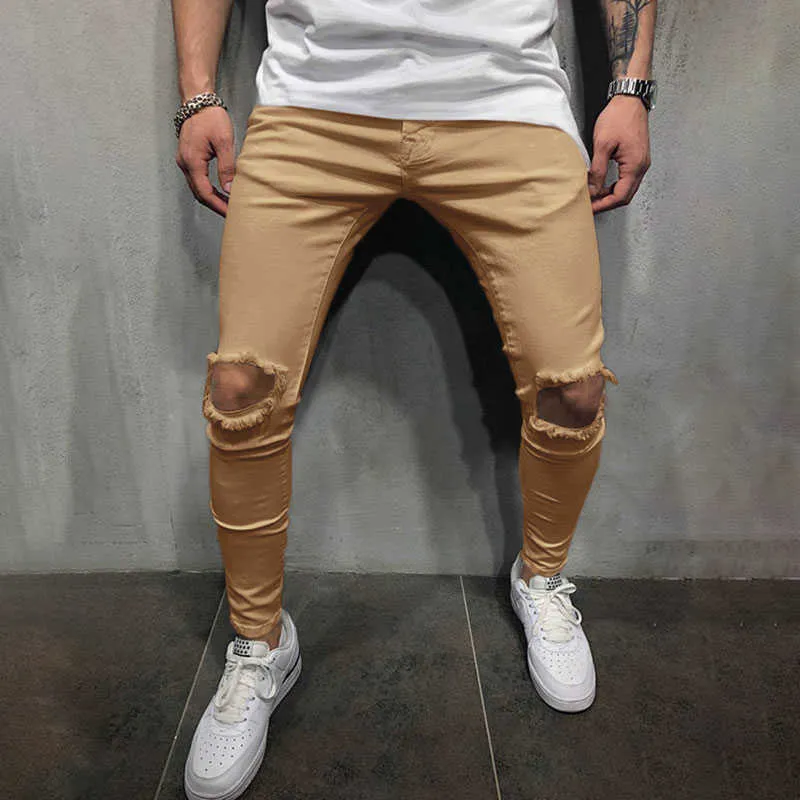 Printemps Été Mode Hommes Stretch Ripped Pantalon Hip Hop Détruit Trou Zipper Fly Skinny Long Crayon Pantalon Élastique Vêtements X0615