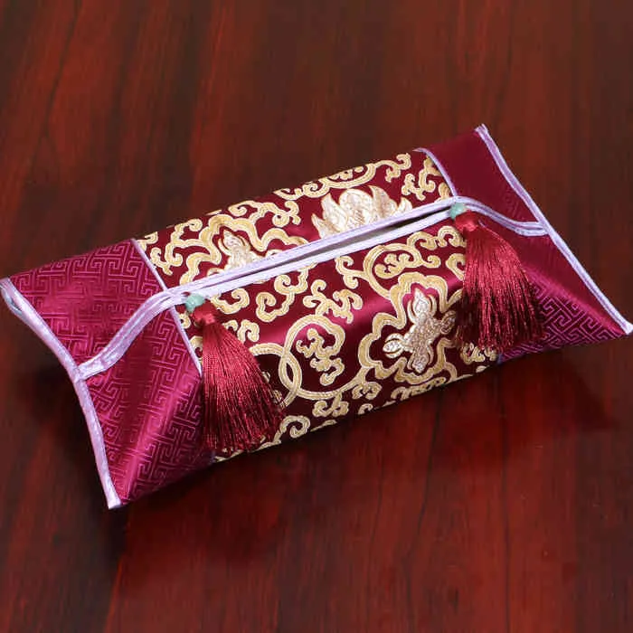 Patchwork Travel Pocket Chinese Silk Satin Tissue Boxes Cover Tassel Luxury Napkin Holder Portable Pumping Paper Case 210326