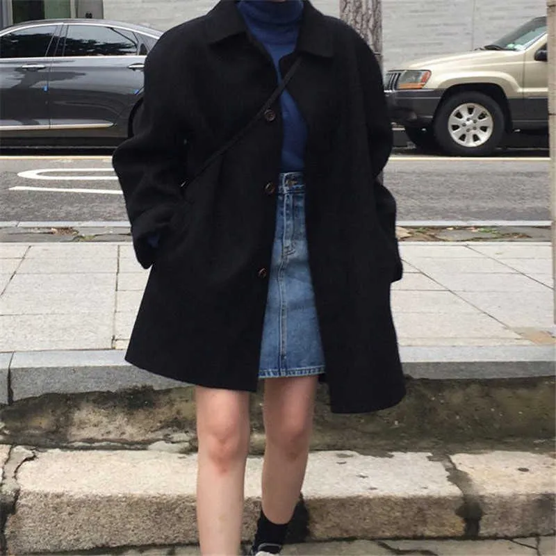 Herfst wollen vacht met één borsten vrouwen winter casual bovenkleding streetwear vrouwelijk Koreaanse kantoor dames slanke wollen jas 210619