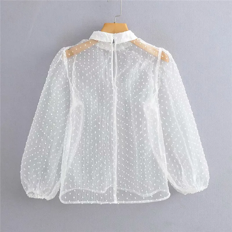 Women Floral Embroidery Mesh Sheer See-through Crop Top Shirts Blouse long Puff Sleeve Polka Dot Loose Slim Blusa Soft Outwear 210430