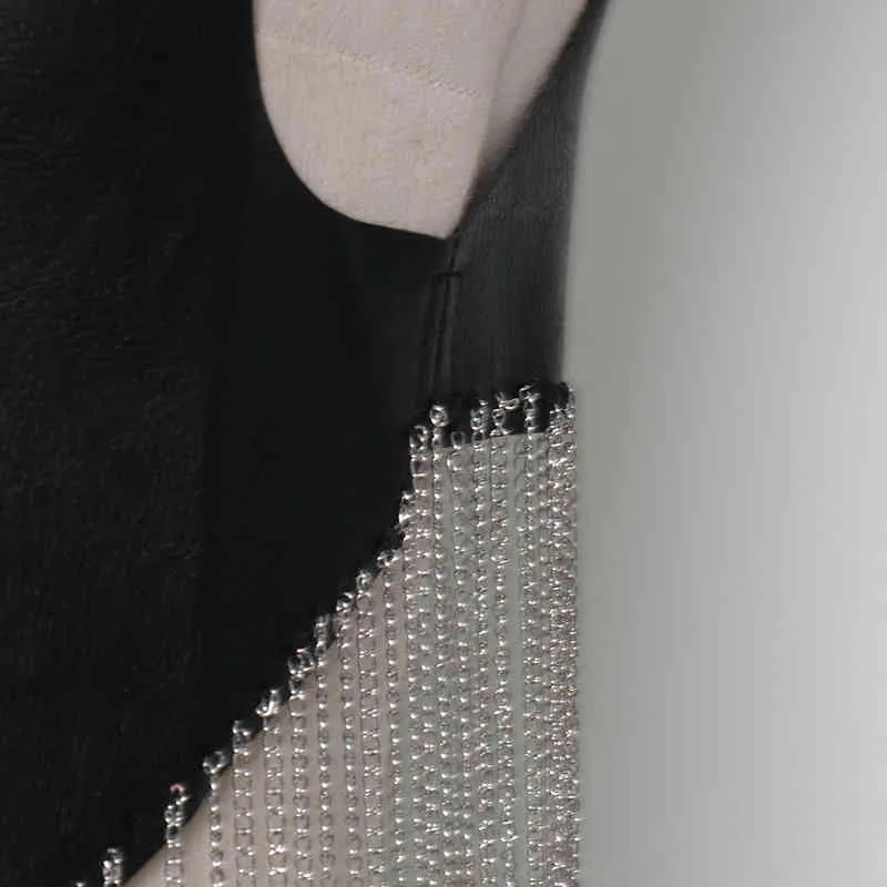 Lässiger Patchwork-Metallkettenmantel für Frauen mit V-Ausschnitt, ärmellos, gerade, koreanische Mäntel, Damen, Frühlingsmode 210524