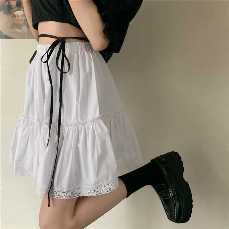 Vintage Ruffles Lace Mini Skirt Women White High Waist Pleated Skirt Harajuku Korean Gothic Clothes Short Skirts Streetwear 210619