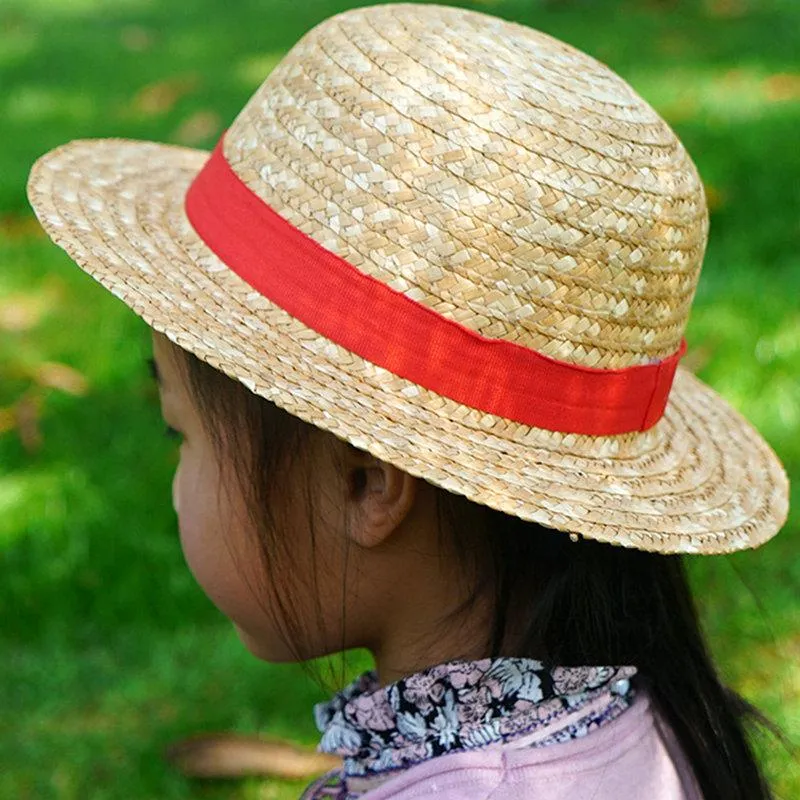 Gorro de una pieza para niño y niña, sombrero de paja con cordón para el cuello, sombreros planos Luffy, accesorios de dibujos animados japoneses para niño, playa con rayas rojas YF001 de ala ancha275C