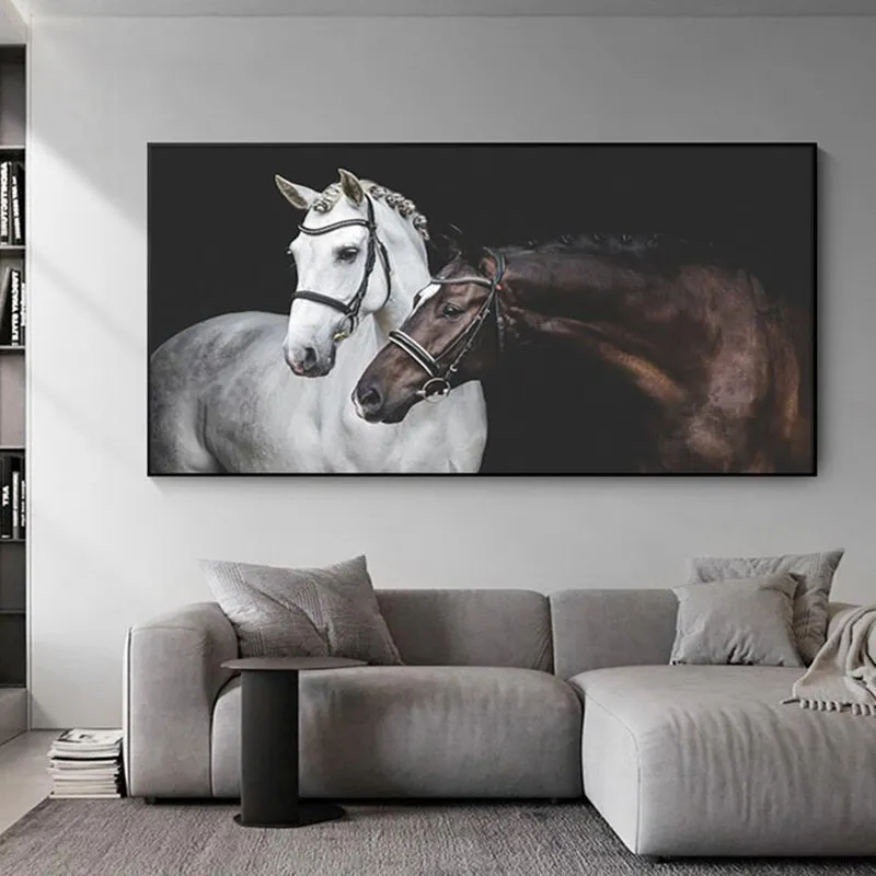 2頭の馬ポスターとプリントキャンバス絵画ウォールアート写真リビングルームモダンな家の装飾動物油絵