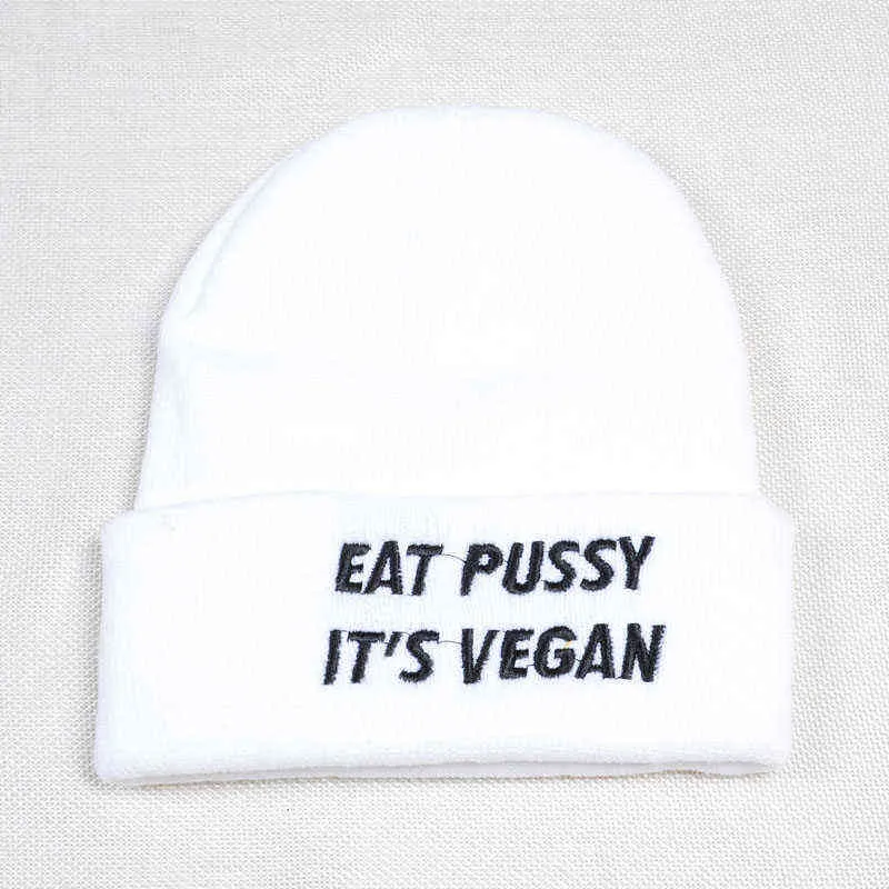 Ät fitta sin vegansk bokstäver broderi kvinnor beanie casual bomull hipster rolig varm vinter stickad hatt unisex tecknad skidlock y21111